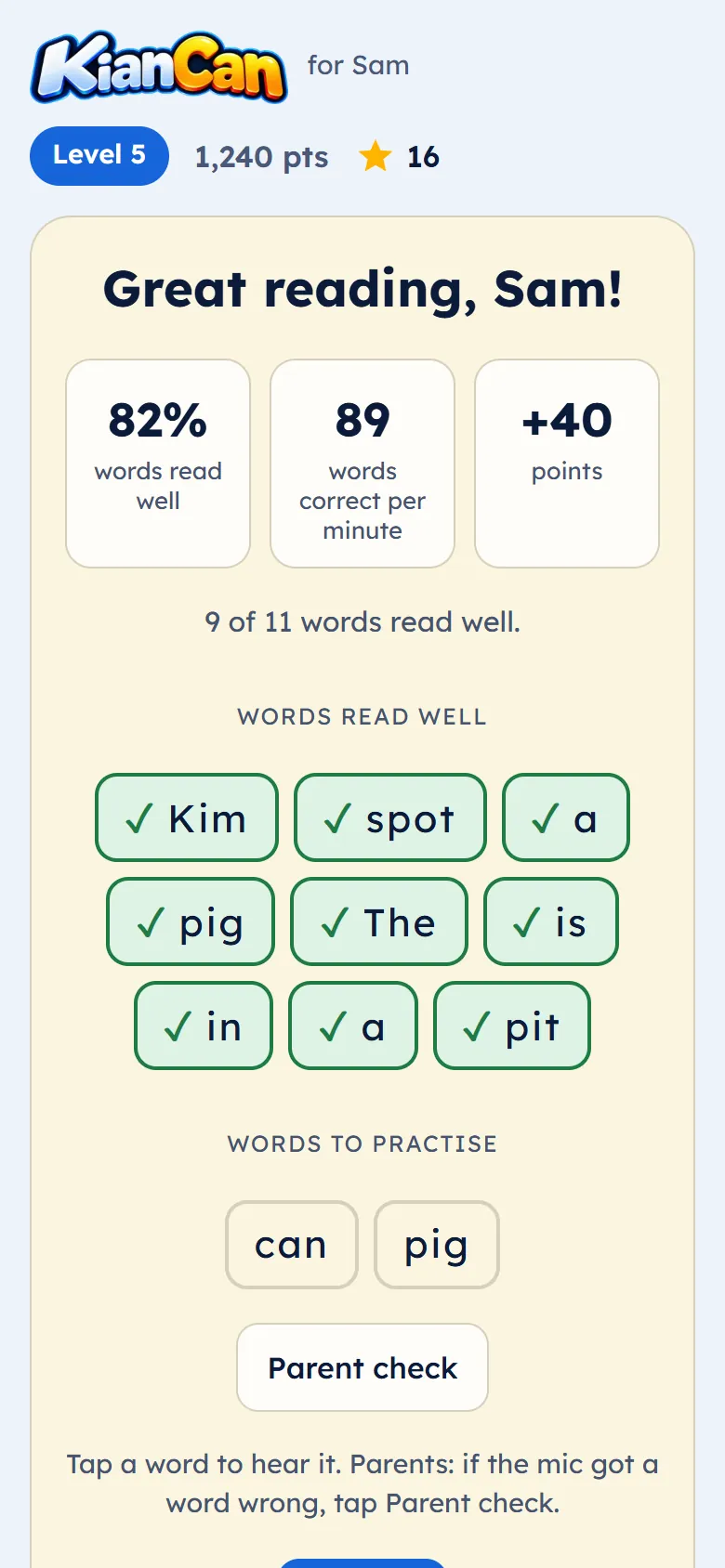 Reading check results: words read well, words to practise and reading speed