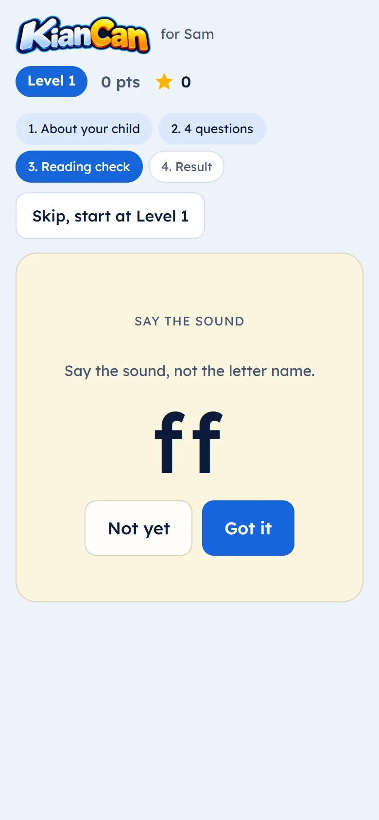The placement check: your child says the sound on the card