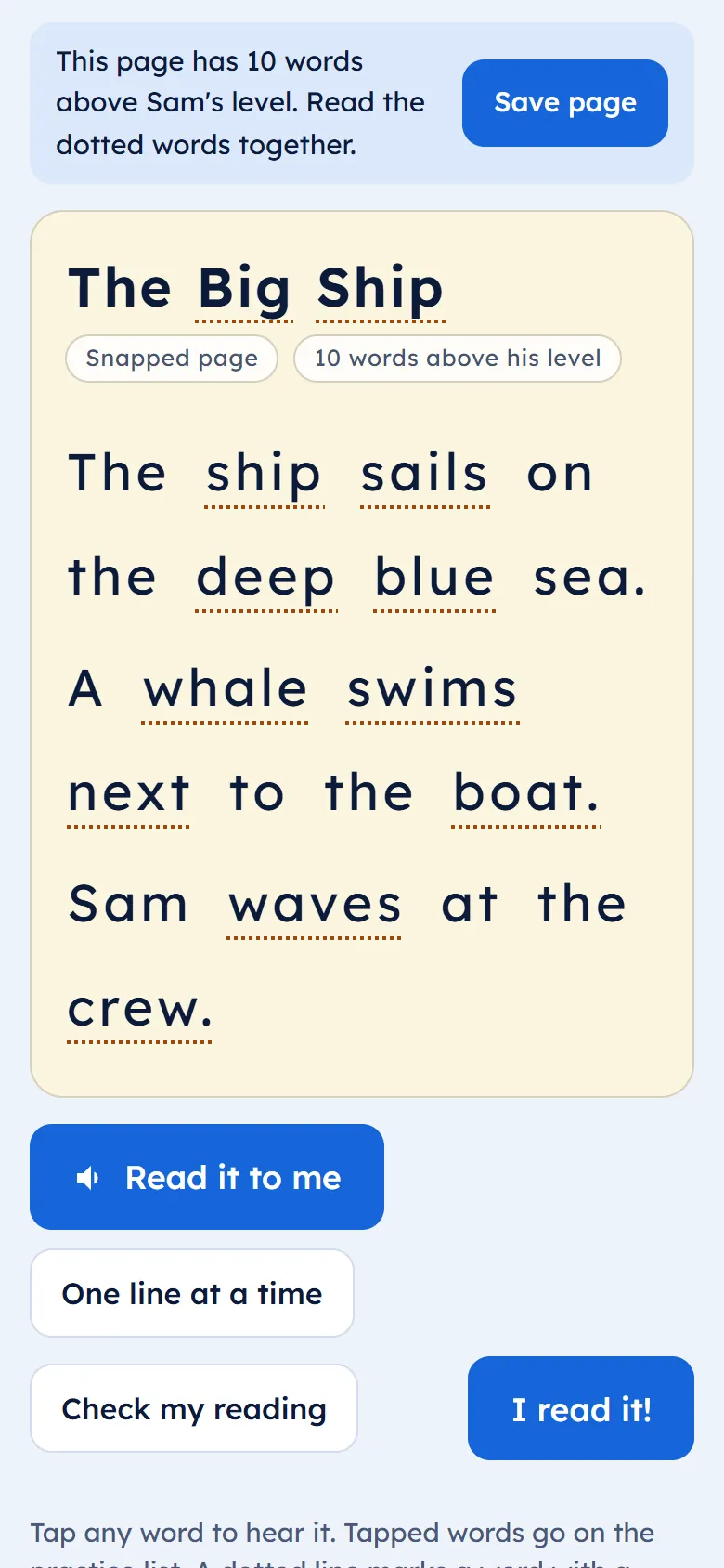 A snapped school-book page in the reader, with words above level marked